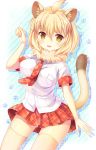  1girl animal_ears beige_legwear blonde_hair blush breasts eyebrows_visible_through_hair highres kemono_friends large_breasts lion_(kemono_friends) lion_ears lion_tail looking_at_viewer necktie parted_lips red_necktie red_skirt short_hair skirt smile solo tail thigh-highs umitonakai yellow_eyes 