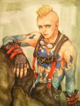  1boy abs aniki_(ff10) bald blonde_hair earrings final_fantasy final_fantasy_x fingerless_gloves gloves goggles goggles_around_neck green_eyes jewelry male_focus mohawk morito_leaf9 shirtless sitting solo tattoo traditional_media 