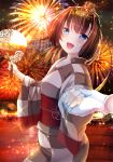  1girl :d akizuki_(kantai_collection) black_hair blue_eyes blush clothes_writing fan fireworks gloves hachimaki hand_holding headband izumi_akane japanese_clothes kantai_collection kimono night night_sky obi open_mouth out_of_frame paper_fan ponytail sash sky smile solo_focus uchiwa yukata 