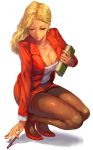  1girl blonde_hair book breasts cleavage dark_skin earrings formal full_body holding holding_book jewelry long_hair looking_down mole mole_under_eye nail_polish office_lady original pantyhose parted_lips pen pencil_skirt red_nails red_shoes red_suit shoes skirt solo suit tan whistlerx 