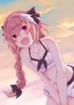  1boy artist_request blush braid fang fate/apocrypha fate_(series) hair_ribbon highres long_hair looking_at_viewer male_focus multicolored_hair open_mouth pink_hair ribbon rider_of_black single_braid sky smile solo streaked_hair sunset swimsuit trap violet_eyes 