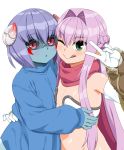  2girls blue_hair blush braid breasts butakoma_300g character_request elbow_gloves erect_nipples french_braid glasses gloves green_eyes hair_intakes highres horns long_hair looking_at_viewer mikami_(vitamin_quest) multiple_girls open_mouth pink_hair pointy_ears red_eyes short_hair simple_background small_breasts smile v vitamin_quest white_background 