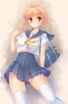  1girl bag blonde_hair blue_skirt blush brown_eyes collarbone duffel_bag eyebrows_visible_through_hair highres looking_at_viewer neckerchief original short_hair short_sleeves skirt solo thigh-highs umitonakai white_legwear yellow_neckerchief 