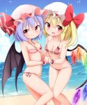  2girls bat_wings beach bikini blonde_hair blue_hair blush bow breasts collarbone crystal fang flandre_scarlet hair_bow hand_holding hat hat_bow hat_ribbon highres interlocked_fingers looking_at_viewer mob_cap multiple_girls navel open_mouth red_bow red_eyes remilia_scarlet ribbon short_hair siblings side-tie_bikini side_ponytail sisters small_breasts striped striped_bikini suwa_yasai swimsuit touhou water wings wrist_cuffs 