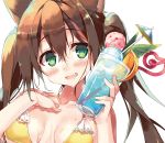  1girl :d animal_ears bangs bare_arms bare_shoulders bikini breasts cat_ears cocktail_umbrella collarbone commentary_request crazy_straw cup dot_nose drinking_glass drinking_straw eyebrows_visible_through_hair fang food fruit glass green_eyes hair_between_eyes hand_on_own_chest hands_up highres hisaka_hazara holding holding_glass ice_cream ice_cream_float long_hair open_mouth orange orange_slice original pink_lips simple_background small_breasts smile solo sweat swimsuit teeth twintails upper_body white_background yellow_bikini 
