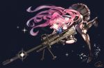  1girl anti-materiel_rifle aqua_eyes black_gloves black_legwear black_shoes black_skirt blue_background expressionless full_body girls_frontline gloves gun hat highres leaning_forward long_hair multicolored multicolored_eyes ntw-20 ntw-20_(girls_frontline) pantyhose pink_eyes pink_hair pink_hat rifle sailor_collar shoes skirt sniper_rifle snow_is solo torn_clothes torn_pantyhose weapon 