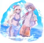  1boy 1girl beach beachball bikini blush breasts dual_persona female_my_unit_(fire_emblem_if) fire_emblem fire_emblem_heroes fire_emblem_if hairband hat iriya_(lonesome) long_hair looking_at_viewer male_my_unit_(fire_emblem_if) my_unit_(fire_emblem_if) open_mouth pointy_ears red_eyes short_hair silver_hair smile swim_trunks swimsuit water white_hair 