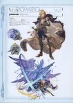  1boy absurdres armor attack attacking_viewer blonde_hair blue_cape blue_eyes blue_pants boots cape chibi diffraction_spikes full_body gauntlets granblue_fantasy highres holding holding_sword holding_weapon looking_at_viewer male_focus minaba_hideo official_art open_mouth pants romeo_(granblue_fantasy) scan short_hair simple_background solo standing sword weapon wings 