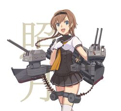  1girl black_sailor_collar black_skirt braid brown_hair cannon character_name chou-10cm-hou-chan_(teruzuki&#039;s) cowboy_shot grey_eyes hair_ornament hairband highres kantai_collection light_brown_hair long_hair machinery neckerchief open_mouth pleated_skirt propeller_hair_ornament school_uniform serafuku simple_background skirt solo standing teruzuki_(kantai_collection) thigh-highs turret twin_braids white_legwear yellow_neckerchief zukanosuke 