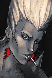  1boy andarix aqua_eyes cheekbones cigarette earrings greyscale hatching jean_pierre_polnareff jewelry jojo_no_kimyou_na_bouken male_focus monochrome smoke smoking solo spikes spot_color widow&#039;s_peak 