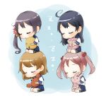  4girls ahoge akebono_(kantai_collection) anchor_symbol bell black_hair black_legwear blush brown_hair closed_mouth crab flower hair_bell hair_bobbles hair_flower hair_ornament kantai_collection long_hair medium_hair multiple_girls nuno_(pppompon) oboro_(kantai_collection) open_mouth pink_hair pleated_skirt rabbit sailor_collar sazanami_(kantai_collection) school_uniform seiza serafuku side_ponytail sitting skirt sleeping socks turret twintails ushio_(kantai_collection) very_long_hair zzz 