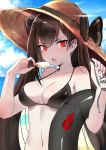  1girl alternate_costume bare_arms bare_shoulders beach bikini black_bikini brown_hair character_request clouds collarbone commentary_request copyright_request day food girls_frontline hair_between_eyes hat lifebuoy long_hair looking_at_viewer luse_maonang midriff navel ocean ouroboros_(girls_frontline) outdoors popsicle red_eyes straw_hat sun_hat sunlight swimsuit tsurime upper_body water 