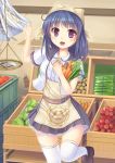  1girl blue_hair blush carrot collarbone eyebrows_visible_through_hair food highres holding holding_food lettuce looking_at_viewer open_mouth original potato short_hair short_sleeves smile solo thigh-highs tomato umitonakai violet_eyes white_legwear 