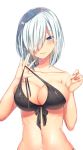  1girl bikini black_bikini blue_eyes blush breasts collarbone erect_nipples eyebrows_visible_through_hair front-tie_bikini front-tie_top hair_ornament hair_over_one_eye hairclip halterneck hamakaze_(kantai_collection) highres kantai_collection large_breasts looking_at_viewer navel ntk_(7t5) short_hair silver_hair simple_background skindentation smile solo strap_pull swimsuit upper_body white_background 