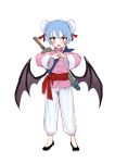  &gt;:o 1girl :o alternate_costume alternate_hairstyle bat_wings blue_hair blush bun_cover cracking_knuckles double_bun fangs fkey full_body hair_between_eyes looking_at_viewer pants red_eyes remilia_scarlet ribbon sanpaku sash short_hair simple_background sketch solo standing touhou white_background wings 