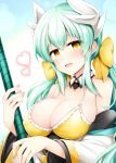  1girl bikini blush breasts fate/grand_order fate_(series) heart holding holding_weapon horns japanese_clothes kimono kiyohime_(fate/grand_order) long_hair looking_at_viewer open_mouth polearm rui_shi_(rayze_ray) smile solo swimsuit weapon yellow_bikini yellow_eyes 