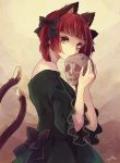  1girl animal_ears bangs bare_shoulders black_bow blunt_bangs bow braid breasts cat_ears cat_tail dress green_dress hair_bow highres holding holding_skull kaenbyou_rin m_(neteitai10) medium_breasts multiple_tails red_eyes short_hair_with_long_locks skull solo tail touhou twin_braids two_tails wide_sleeves 