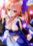 1girl :d animal_ears blue_bow blue_legwear bow breasts cleavage detached_sleeves eyebrows_visible_through_hair fate/extra fate_(series) fox_ears fox_tail from_above hair_between_eyes hair_bow highres large_breasts long_hair looking_at_viewer open_mouth orange_eyes orange_hair paw_pose shiny shiny_skin shiron_(e1na1e2lu2ne3ru3) smile solo tail tamamo_(fate)_(all) tamamo_no_mae_(fate) thigh-highs 