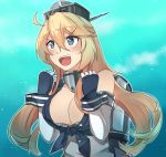  1girl ahoge blonde_hair blue_eyes breasts cleavage elbow_gloves fingerless_gloves front-tie_top gloves hair_between_eyes headgear ido_(teketeke) iowa_(kantai_collection) kantai_collection large_breasts open_mouth solo star star-shaped_pupils symbol-shaped_pupils 