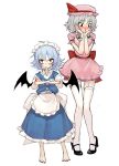  &gt;:/ 2girls :/ alternate_costume barefoot bat_wings blood blue_hair blush braid cosplay costume_switch crossed_arms enmaided fkey garter_straps grey_hair hands_on_own_cheeks hands_on_own_face hat high_heels izayoi_sakuya long_hair maid maid_headdress mob_cap multiple_girls nail_polish nosebleed oversized_clothes red_eyes red_nails remilia_scarlet sanpaku short_hair sketch thigh-highs touhou twin_braids undersized_clothes white_legwear wings 