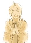  1boy closed_eyes coat edward_elric fullmetal_alchemist gloves grin hands_together happy long_hair mattsu monochrome open_mouth sepia simple_background smile solo_focus white_background 