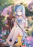 1girl ahoge barefoot bench blue_eyes blue_hair blush boots boots_removed choker collarbone company_name copyright_name eyebrows_visible_through_hair feet flower hydrangea long_hair looking_at_viewer official_art parted_lips qurare_magic_library shoes_removed short_sleeves sitting smile snow_is solo water_drop yellow_boots 