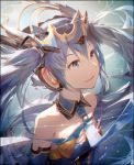  1girl aqua_eyes aqua_hair bare_shoulders breasts crown eyelashes hair_ornament hatsune_miku headphones kieed light_particles long_hair necktie ornate revision sketch small_breasts smile solo twintails very_long_hair vocaloid yuki_miku 