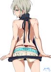  1girl anastasia_(idolmaster) ass backless backless_outfit bare_back blue_eyes blush commentary_request cowboy_shot dress earrings from_behind g-string highres idolmaster idolmaster_cinderella_girls jewelry looking_away meme_attire open-back_dress panties red_panties revision ribbed_sweater short_hair short_shorts shorts signature silver_hair simple_background solo suna sweater sweater_dress thong underwear virgin_killer_sweater whale_tail white_background 