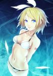  1girl arms_behind_back bikini blonde_hair blue_background blue_eyes breasts cowboy_shot gradient gradient_background hair_ornament hair_ribbon hairclip highres kagamine_rin looking_at_viewer navel ribbon small_breasts solo standing sugi_214 swimsuit vocaloid white_bikini white_ribbon 