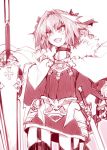  1boy blush braid cape fang fate/apocrypha fate/grand_order fate_(series) garter_straps hair_ribbon kazetto lance long_hair male_focus open_mouth polearm ribbon rider_of_black single_braid smile sword trap weapon 