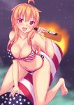  1girl ahoge american_flag_bikini arm_support bare_shoulders barefoot bikini blonde_hair bottle breasts cleavage collarbone eyebrows_visible_through_hair fast-runner-2024 flag_print hair_between_eyes highres holding large_breasts leaning_forward long_hair looking_at_viewer navel night night_sky open_mouth original red_eyes rocket shiny shiny_skin sketch sky solo star_(sky) starry_sky straddling swimsuit tiffy tongue 