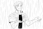  1boy alphonse_elric black_shirt blush catching fullmetal_alchemist hands_up looking_up monochrome open_mouth rain shirt short_hair simple_background smile solo_focus water water_drop wet wet_clothes white_background 