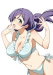  1girl bikini blue_bikini blush breasts cleavage frilled_bikini frills front-tie_top green_eyes hair_ornament hair_scrunchie inue_shinsuke large_breasts long_hair love_live! love_live!_school_idol_project low_twintails navel open_mouth purple_hair scrunchie side-tie_bikini simple_background solo swimsuit toujou_nozomi twintails white_background 