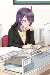  1girl ahoge bangs beifeng_han black_hair blush book book_stack breasts chair cleavage computer computer_mouse desk expressionless glasses glowing glowing_eyes hand_on_own_cheek highres jewelry long_hair long_sleeves medium_breasts miyaura_sanshio necklace office_chair office_lady open_book original over-rim_glasses paper pencil pendant revision semi-rimless_glasses sitting solo table upper_body violet_eyes 