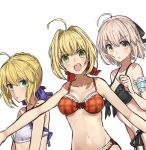  &gt;:d 3girls :d ahoge arm_garter bikini black_bikini blonde_hair blue_eyes braid breasts closed_mouth crown_braid dutch_angle eyes_visible_through_hair fate/extra fate/grand_order fate/stay_night fate_(series) frilled_bikini frills front-tie_bikini front-tie_top frown green_eyes hair_intakes hair_ribbon jpeg_artifacts koha-ace looking_at_viewer medium_breasts multiple_girls navel open_mouth outstretched_arms pink_hair ribbon saber saber_extra sakura_saber side-tie_bikini simple_background small_breasts smile swimsuit teshima_nari white_background white_bikini 