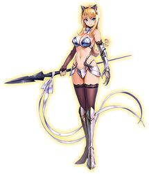  1girl armor armored_boots bare_shoulders bikini_armor black_legwear blonde_hair blue_eyes boots bow bowtie breastplate breasts cleavage elbow_gloves elina fingerless_gloves full_body gauntlets gloves holding holding_weapon lace lace-trimmed_thighhighs long_hair looking_at_viewer medium_breasts navel official_art polearm queen&#039;s_blade queen&#039;s_blade_unlimited smile solo spear standing thigh-highs transparent_background weapon 