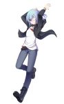  1boy belt blue_eyes blue_hair blush collarbone denim eyebrows_visible_through_hair eyepatch full_body hasu_(velicia) jeans looking_at_viewer male_focus original pants short_hair simple_background smile solo white_background 