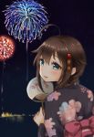  1girl ahoge animal_print blue_eyes blush bow braid brown_hair fan fireworks fish_print floral_print goldfish_print hair_ornament japanese_clothes kantai_collection kimono long_hair looking_back night nuno_(pppompon) shigure_(kantai_collection) side_braid smile solo upper_body 