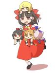  4girls ascot black_hair black_shoes blonde_hair blue_ribbon bow brown_eyes carrying_under_arm chibi commentary_request detached_sleeves hair_bow hair_tubes hakurei_reimu hat horn_ribbon horns ibuki_suika kirisame_marisa multiple_girls orange_hair red_bow red_eyes red_skirt ribbon ribbon-trimmed_sleeves ribbon_trim running sasa_kichi shameimaru_aya shoes sidelocks simple_background skirt skirt_set socks tokin_hat touhou vest white_background white_legwear wrist_cuffs yellow_eyes 