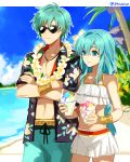  1boy 1girl 2900cm alternate_costume aqua_eyes aqua_hair bare_shoulders beach bikini bikini_skirt bracelet brother_and_sister contemporary cowboy_shot crossed_arms eirika ephraim female_swimwear fire_emblem fire_emblem:_seima_no_kouseki fire_emblem_heroes flower hair_between_eyes hair_flower hair_ornament hawaiian_shirt intelligent_systems jewelry lei long_hair male_swimwear midriff miniskirt nintendo open_clothes open_shirt palm_tree shaved_ice shirt short_hair shorts siblings skirt smile summer sunglasses super_smash_bros. swim_trunks swimsuit tree twins twitter_username white_swimsuit 