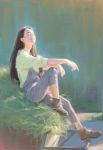  1girl 2017 ankle_boots black_hair blurry boots closed_eye closed_eyes dannis dated depth_of_field faux_traditional_media grass happy highres lips long_hair looking_up original outdoors overalls pond realistic signature sitting sleeves_rolled_up smile solo water 