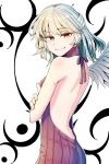 1girl aran_sweater ass back backless_outfit bare_arms bare_back bare_shoulders cobalt commentary_request crossed_arms drawstring eyebrows_visible_through_hair from_side grey_wings half-closed_eyes halterneck hand_on_own_arm highres kishin_sagume looking_at_viewer looking_back meme_attire naked_sweater red_eyes ribbed_sweater shiny shiny_hair short_hair shoulder_blades silver_hair single_wing sleeveless sleeveless_turtleneck smile solo standing sweater touhou turtleneck turtleneck_sweater upper_body virgin_killer_sweater wings 