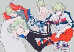  1boy adjusting_hair arms_up bangs barefoot black_footwear black_pants blue_pants blue_shirt closed_mouth crossed_bangs green_hair grey_background grey_jacket hair_between_eyes hand_in_own_hair highres hyuuga_yamato jacket leg_up looking_at_viewer male_focus midriff_peek mofmofqueue multiple_views open_clothes open_mouth orange_eyes orange_pants pants profile red_jacket shirt shoes short_hair simple_background sleeves_rolled_up sneakers squatting sweat t-shirt topless_male upper_body uta_no_prince-sama white_footwear white_shirt zipper_pull_tab 