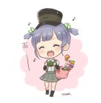  1girl artist_name bag blush chibi closed_eyes food green_ribbon grey_hair hair_ribbon hat kantai_collection kashiwa_mochi_(food) koinobori leaf mochi musical_note nuno_(pppompon) ooshio_(kantai_collection) open_mouth pleated_skirt pole ribbon shoes sidelocks skirt smile socks solo twintails wagashi walking 