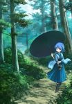  1girl adapted_costume azumi_(madogiwa_bocchi_seki) blue_hair commentary_request day holding holding_umbrella japanese_clothes kimono looking_at_viewer one_eye_closed oriental_umbrella outdoors red_eyes short_hair skirt smile solo tatara_kogasa tongue tongue_out torii touhou tree umbrella wide_sleeves 