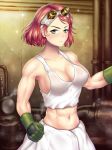  1girl abs absurdres blak_at blush breasts cleavage clenched_hand cowboy_shot gauge gloves goggles goggles_on_head green_eyes highres koutetsujou_no_kabaneri medium_breasts midriff muscle muscular_female navel pink_hair short_hair solo sweat yukina_(kabaneri) 