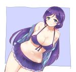  1girl arms_behind_back bikini bikini_skirt blush breasts cleavage curvy dutch_angle front-tie_top green_eyes halter_top halterneck jacket kurokawa_makoto large_breasts long_hair looking_at_viewer love_live! love_live!_school_idol_project navel purple_bikini purple_hair smile solo standing swimsuit toujou_nozomi twintails very_long_hair wide_hips 