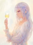  1girl absurdres alcohol bangs blue_eyes collarbone colored_eyelashes cup dress drinking_glass elf from_side green_eyes hand_up highres holding_glass kisei2 multicolored multicolored_eyes multicolored_hair nose original pointy_ears profile purple_hair signature silver_hair solo upper_body white_dress wine_glass yellow_eyes 