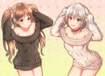  2girls anastasia_(idolmaster) arched_back arms_up bare_shoulders beige_sweater black_sweater blue_eyes blush breasts brown_eyes brown_hair choker cleavage collarbone commentary_request eyelashes gradient gradient_background hair_between_eyes heart_pendant highres hips holding holding_hair idolmaster idolmaster_cinderella_girls keffiy long_hair looking_at_viewer multiple_girls nitta_minami off_shoulder open_mouth ribbed_sweater short_hair short_twintails silver_hair small_breasts smile solo sweater thighs twintails 