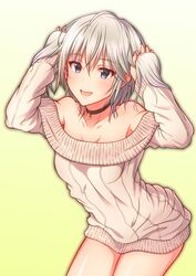  1girl absurdres anastasia_(idolmaster) arched_back arms_up bare_shoulders beige_sweater blue_eyes blush breasts choker collarbone commentary_request eyelashes gradient gradient_background hair_between_eyes heart_pendant highres hips holding holding_hair idolmaster idolmaster_cinderella_girls keffiy looking_at_viewer off_shoulder open_mouth ribbed_sweater short_hair short_twintails silver_hair small_breasts smile solo sweater thighs twintails yellow_background 